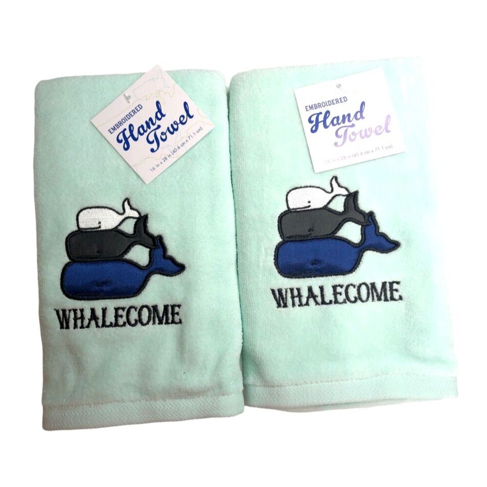 Whale Hand Towels Embroidered Bath Summer Beach Mint Green Set of 2 Whales